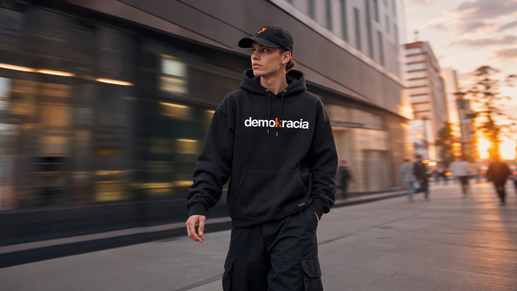Look urbano de Demokracia: sudadera con capucha y gorra en escena callejera al atardecer